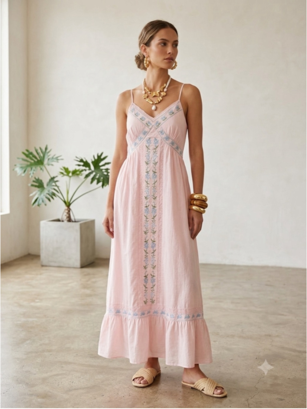 In Loom Pink Cotton Maxi Dress Blue Floral Embroidery Smocked Size L Boho